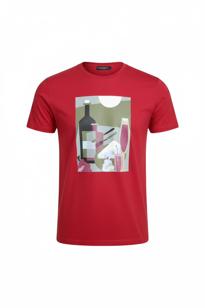 Red cotton abstract graphic t-shirt featuring a bold stylized print of wine bottles and glasses in muted tones