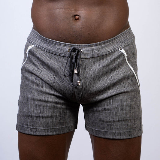 Abstract linen texture gray shorts with white zipper accents and black drawstring waistband for casual wear