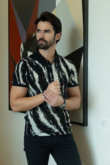 Black and white zebra-striped short-sleeved polo shirt with subtle textured pattern called abstract polo shirt
