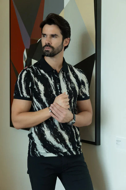 Black and white zebra-striped short-sleeved polo shirt with subtle textured pattern called abstract polo shirt