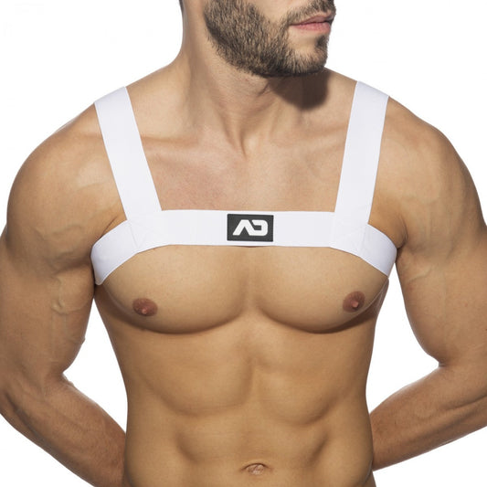 White ad basic harness chest strap with minimalist design and black logo for secure fit