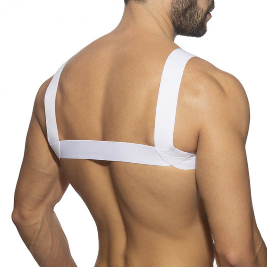 White minimalistic ad basic harness with elastic strap-back design showing back side of garment