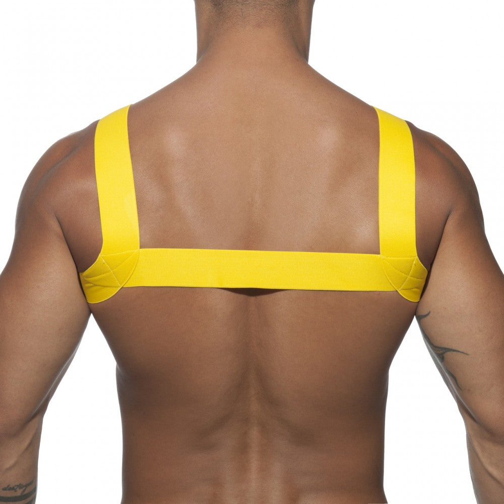 Bright yellow wide-strap back support band of ad basic harness designed for comfortable posture correction