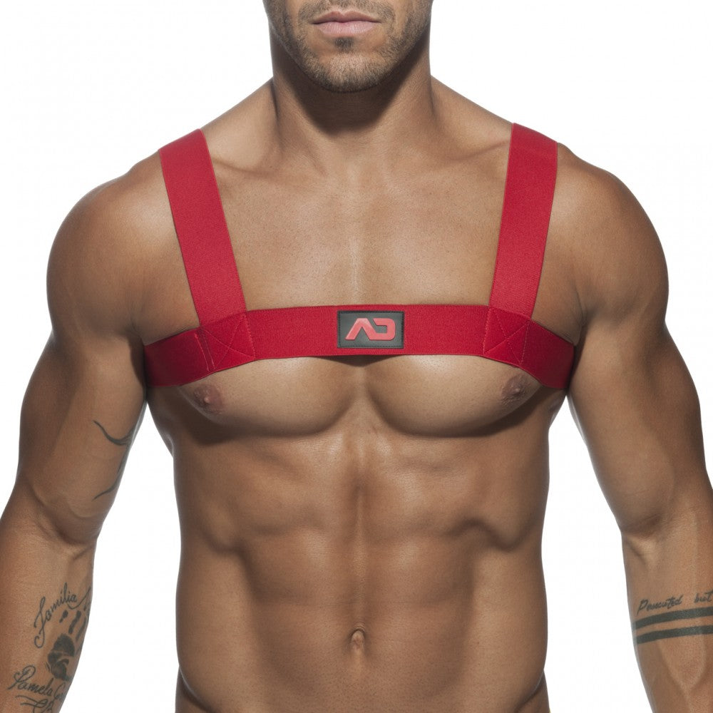 Red fabric ad basic harness with a black and red logo patch centered on the chest strap