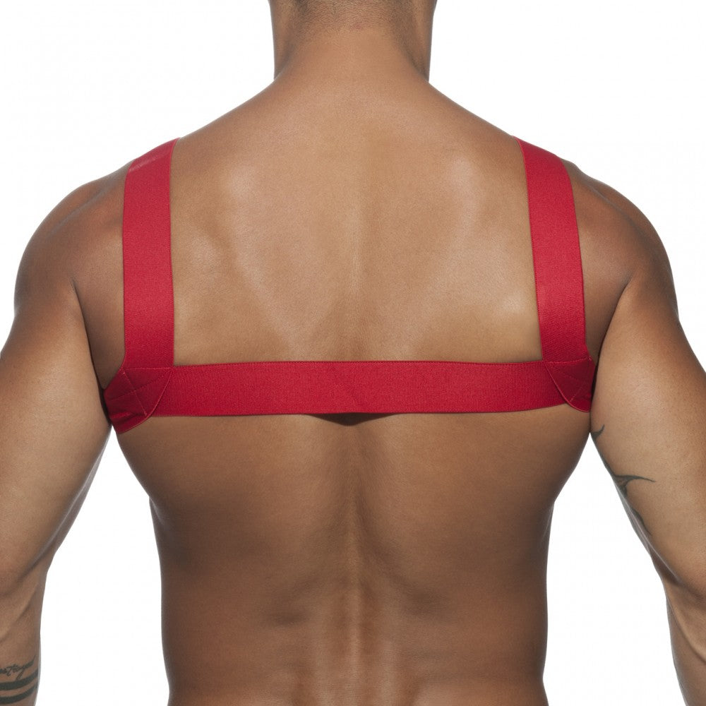 Red fabric ad basic harness worn across the back featuring adjustable straps for secure fit and comfort