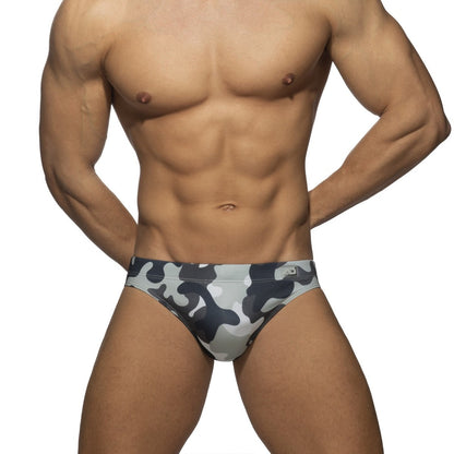 Gray and black camouflage patterned men’s ad basic swim brief designed for comfortable swimming use