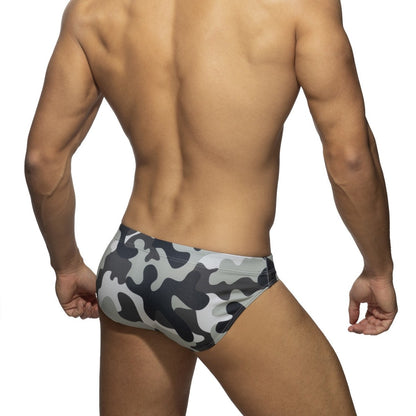 Gray and black camouflage patterned ad basic swim brief made of quick dry fabric for swimming and beachwear