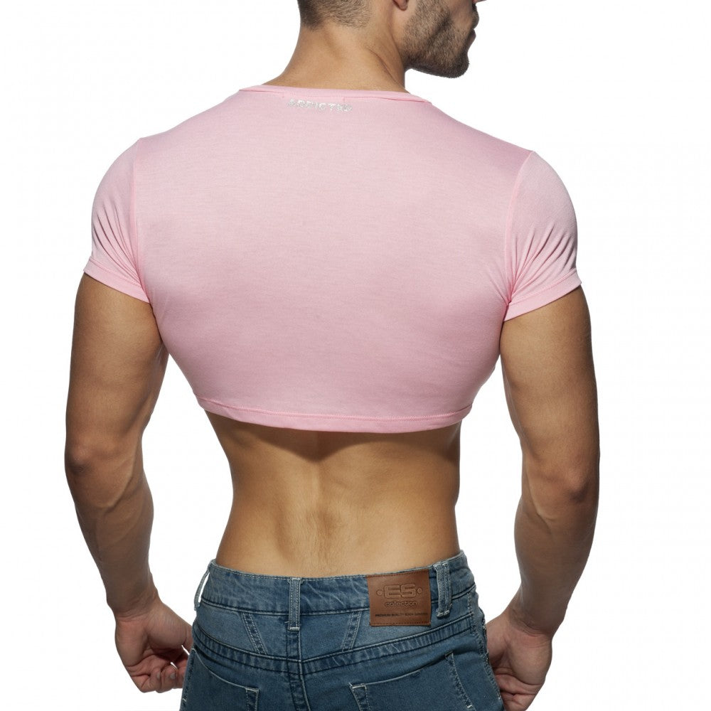 Pink ad crop top with short sleeves round neckline made of stretchy fabric for a comfortable fit