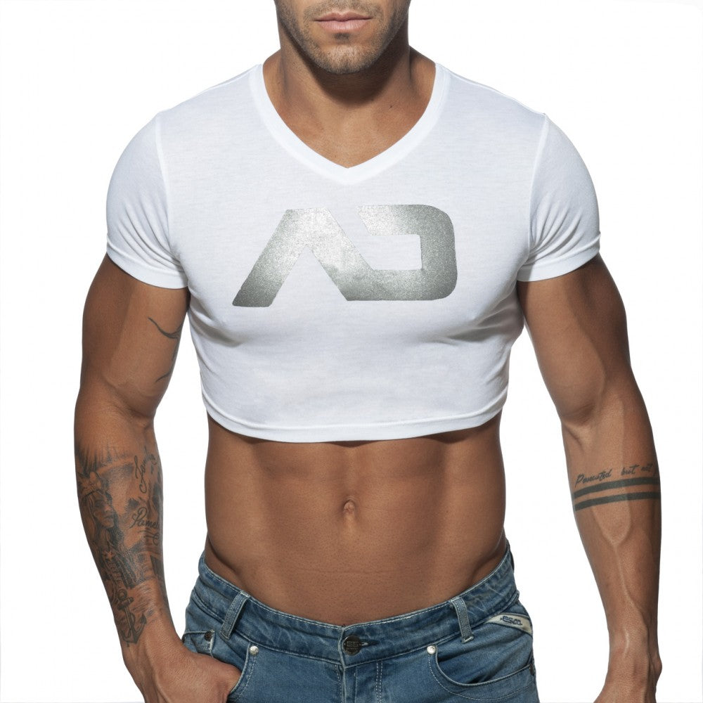 White cropped v-neck t-shirt with metallic silver logo featuring the ad crop top design