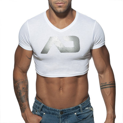 White cropped v-neck t-shirt with metallic silver logo featuring the ad crop top design