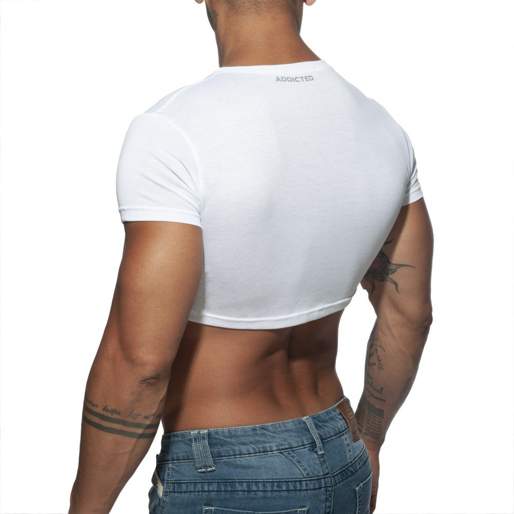 White cropped short sleeve t-shirt with addicted branding at the neckline in ad crop top style