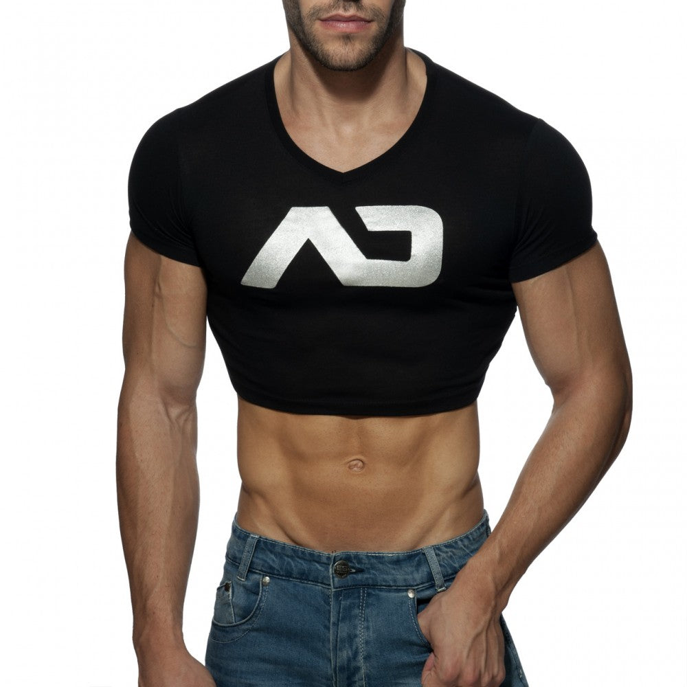 Black cropped v-neck t-shirt with metallic silver ad logo across the chest for casual wear