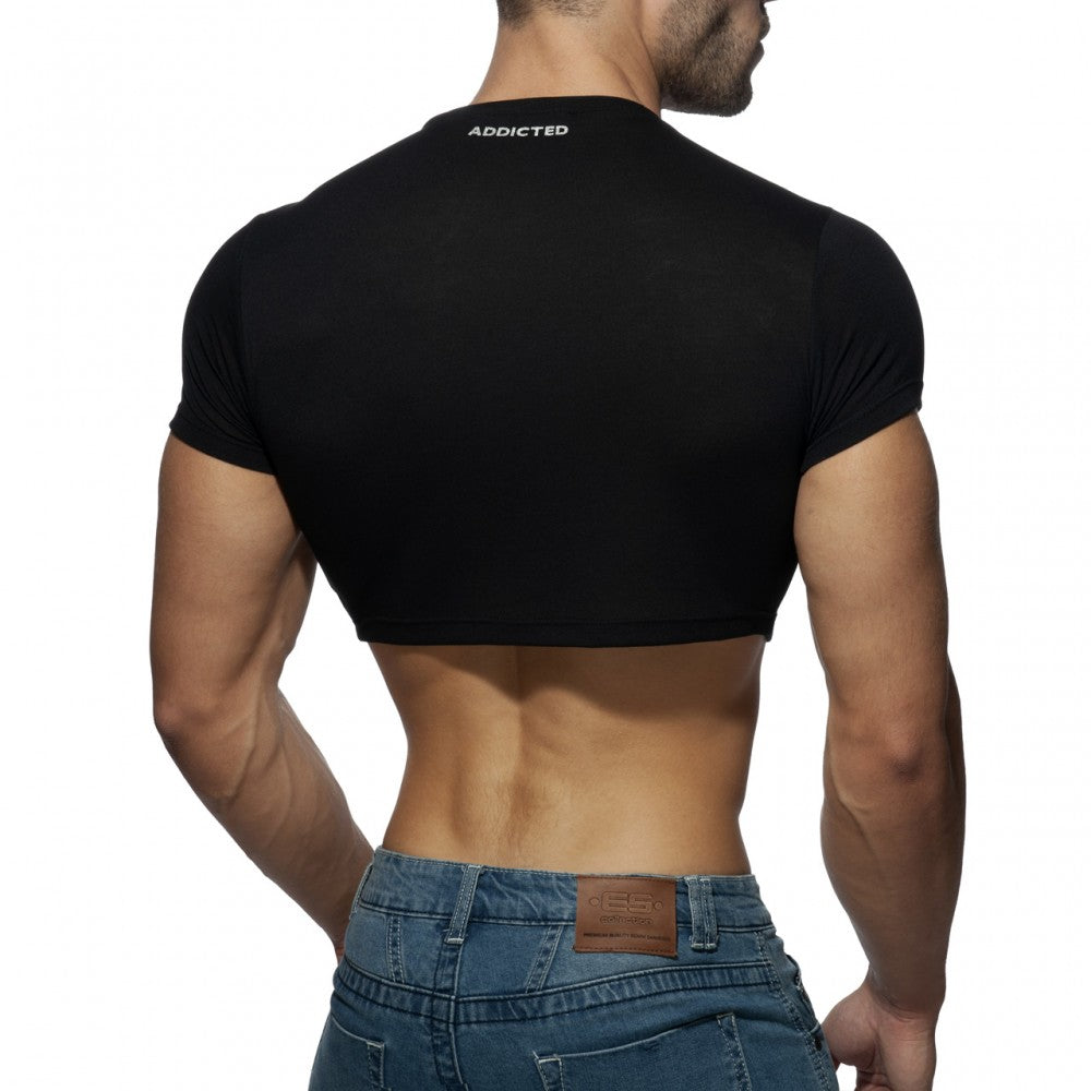 Black short-sleeved crop top with addicted branding at the neckline perfect for casual wear