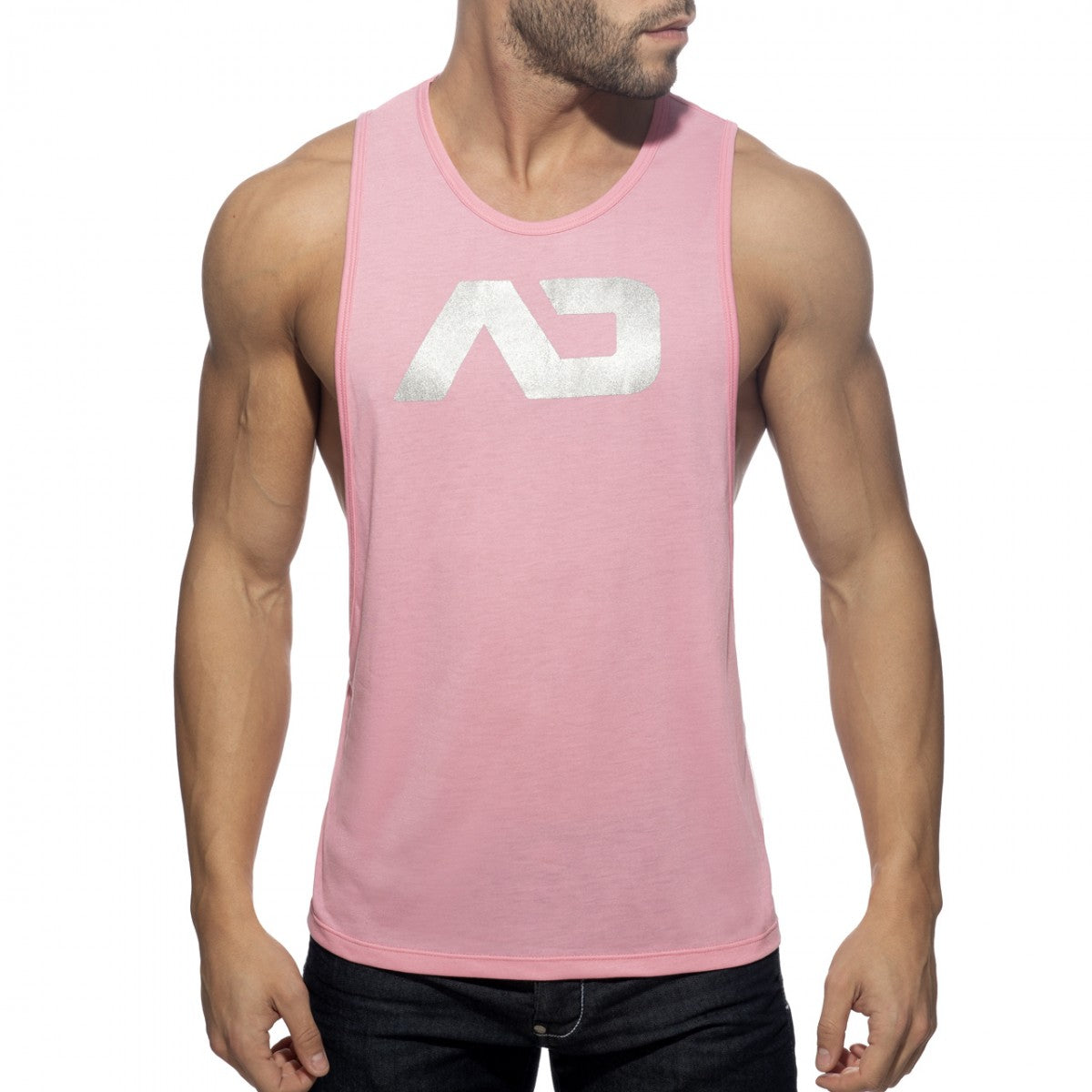 Pink sleeveless tank top featuring a silver metallic ad logo on the chest from ad logo low rider collection