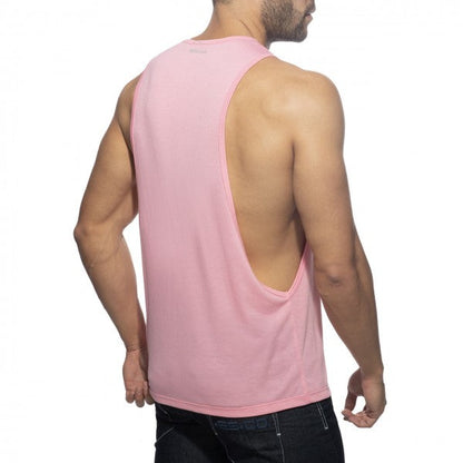 A pink sleeveless muscle tank top with a deep back cutout shown from the back titled ad logo low rider