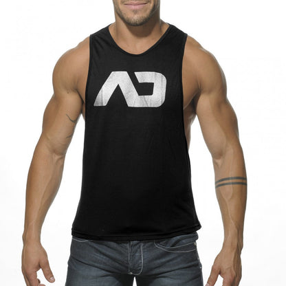 Black sleeveless tank top with distressed white ad logo designed for low rider style and casual wear