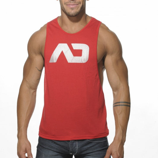 Red sleeveless muscle tank top with white distressed ad logo designed for low rider style and active wear