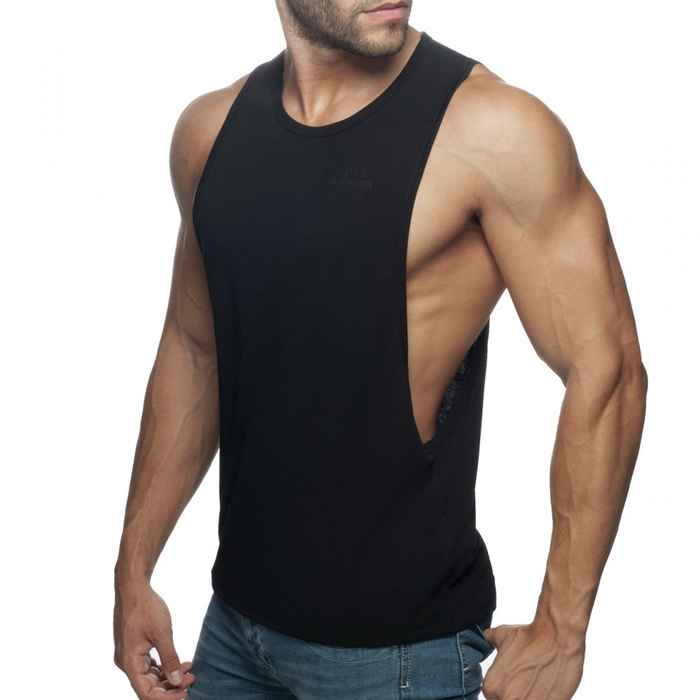 Black sleeveless muscle tank top ad low rider with cutout back design showing the back side of the top