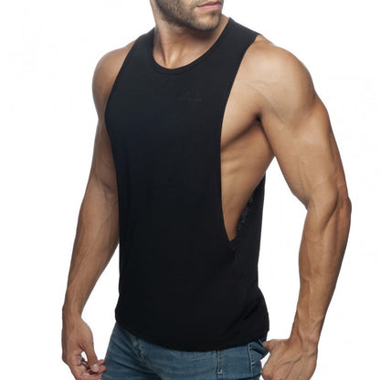 Black sleeveless muscle tank top ad low rider with cutout back design showing the back side of the top