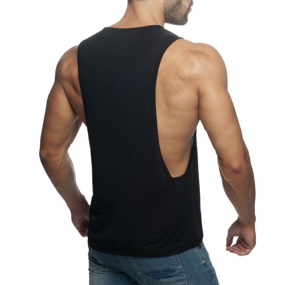 Black sleeveless muscle tank top with cutout back showing design from ad low rider collection