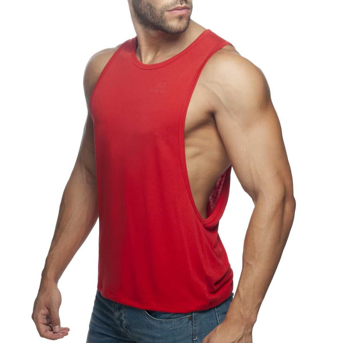 Red muscle tank top ad low rider with cutout back design showing stretch fabric and sleeveless fit