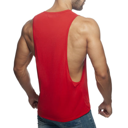 Red muscle tank top ad low rider showing deep back cutout for breathable athletic wear