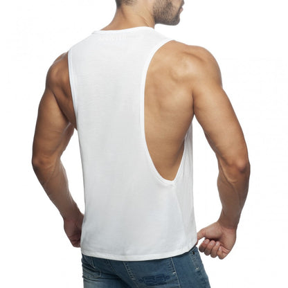 White sleeveless muscle tank top ad low rider with deep back cutout for breathable activewear use