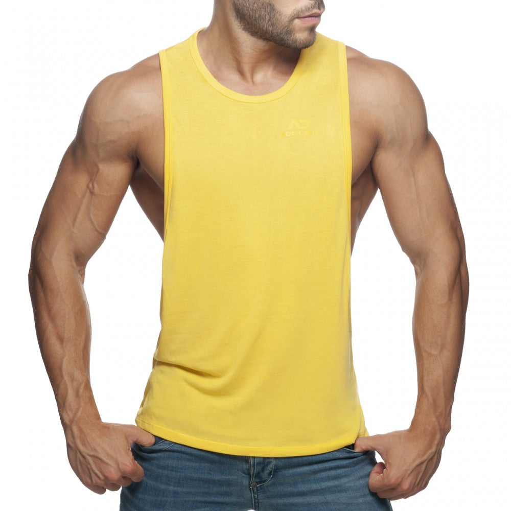 Ad low rider bright yellow sleeveless muscle tank top with round neckline and fitted cut for athletic wear
