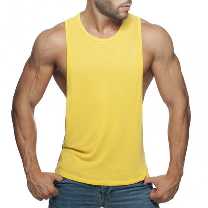 Ad low rider bright yellow sleeveless muscle tank top with round neckline and fitted cut for athletic wear