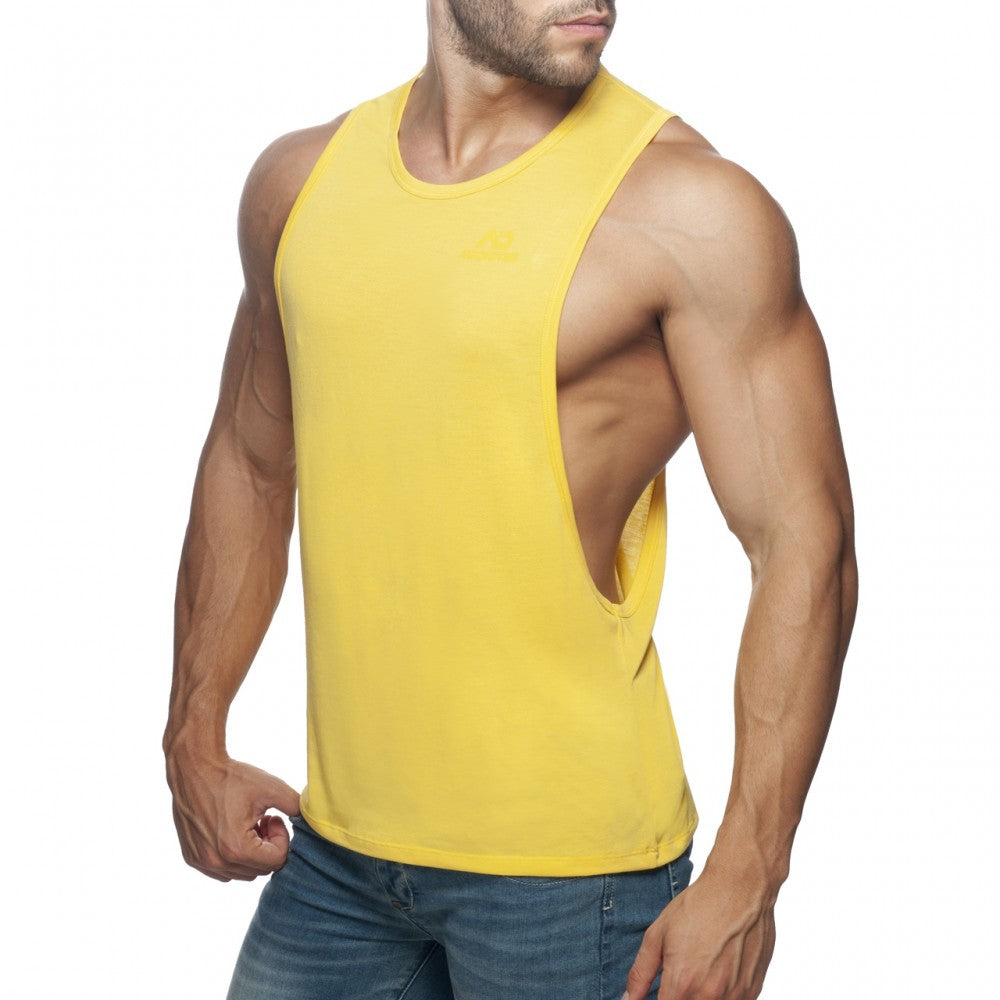 Bright yellow ad low rider muscle tank top with a distinctive side cutout perfect for casual wear