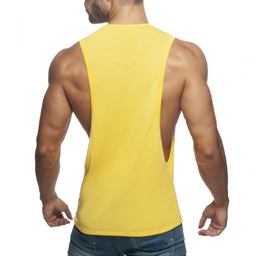 Bright yellow ad low rider sleeveless muscle tank top with cutout back design shown from the back side