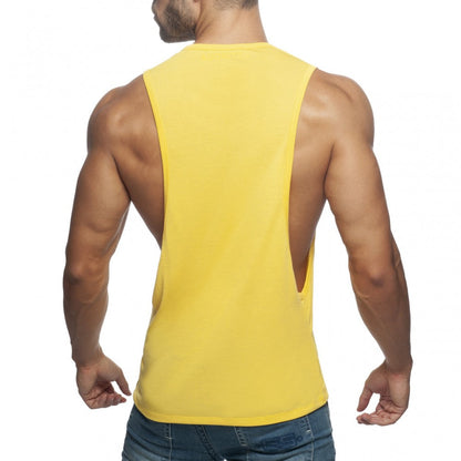 Bright yellow ad low rider sleeveless muscle tank top with cutout back design shown from the back side