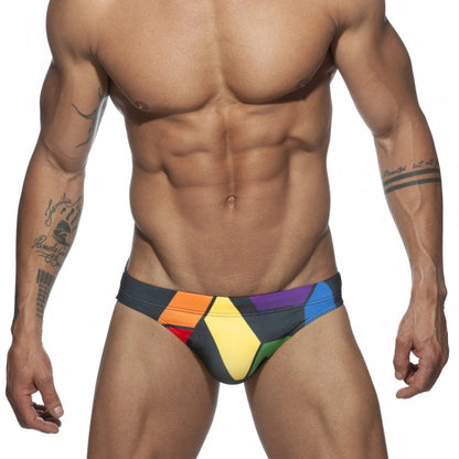 Ad pride bikini vibrant geometric patterned swim trunks in bold rainbow hues perfect for pride celebrations