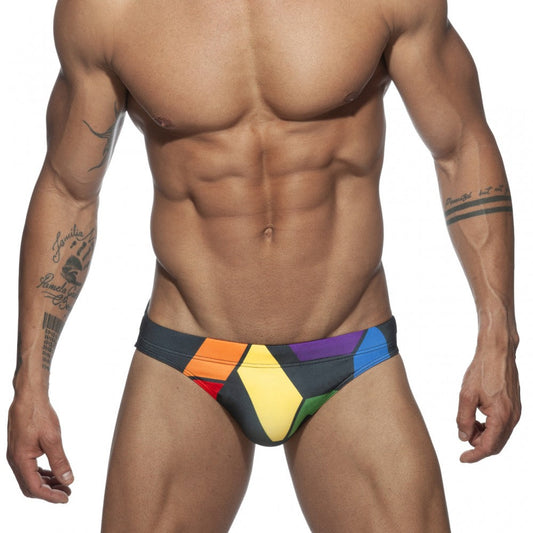 Ad pride bikini vibrant geometric patterned swim trunks in bold rainbow hues perfect for pride celebrations
