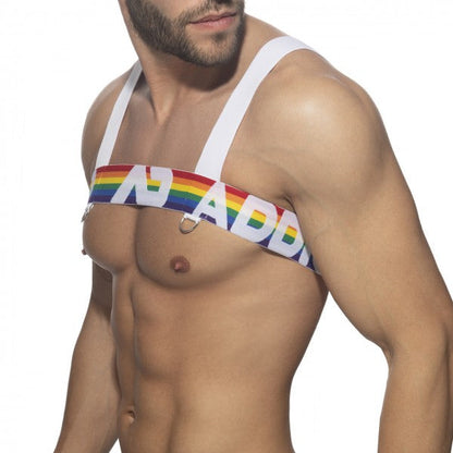 Ad rainbow harness with rainbow-striped fabric white straps and metallic rings for secure pet support