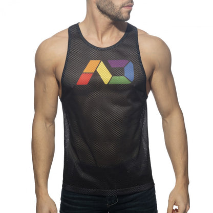 Black mesh tank top featuring a colorful rainbow logo on the chest from AD Rainbow Mesh Tank collection