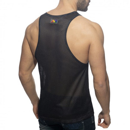 Black mesh ad rainbow mesh tank back side showing small rainbow logo on upper back of the tank top