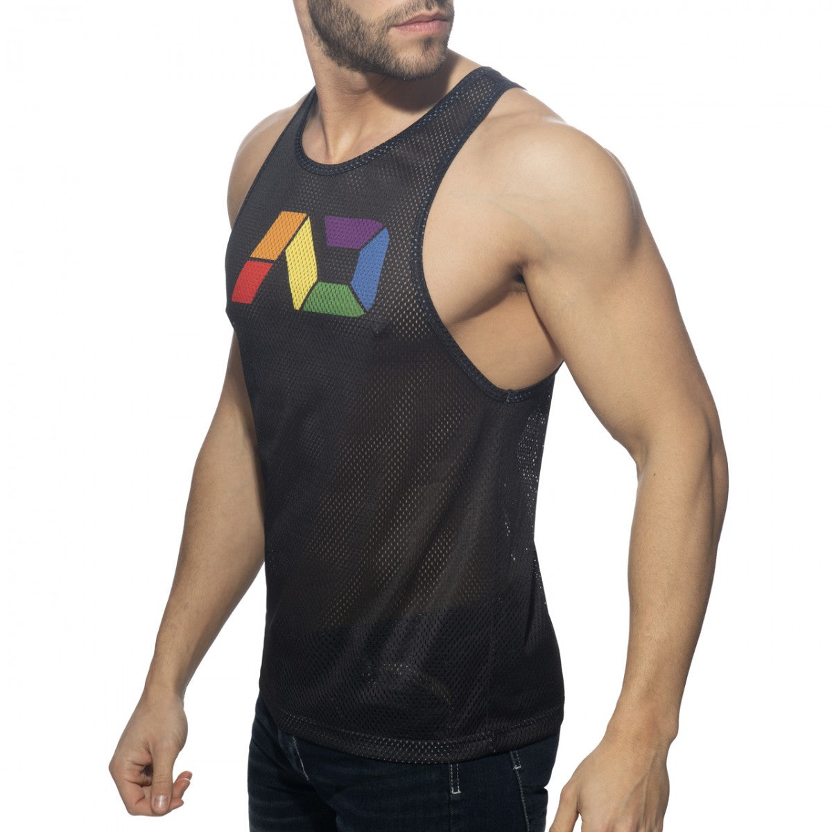Black mesh tank top featuring a colorful geometric logo on the chest from ad rainbow mesh tank collection