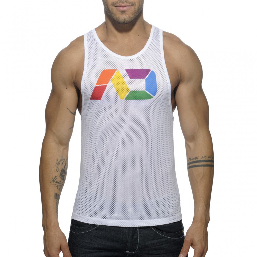 White mesh tank top with colorful rainbow logo on chest breathable athletic sleeveless shirt ad rainbow mesh tank