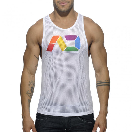 White mesh tank top with colorful rainbow logo on chest breathable athletic sleeveless shirt ad rainbow mesh tank