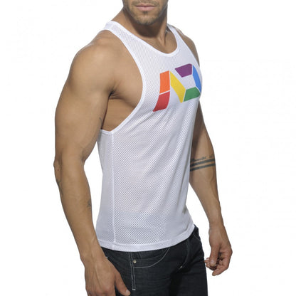 White mesh tank top featuring a colorful rainbow logo on the chest from AD Rainbow Mesh Tank collection