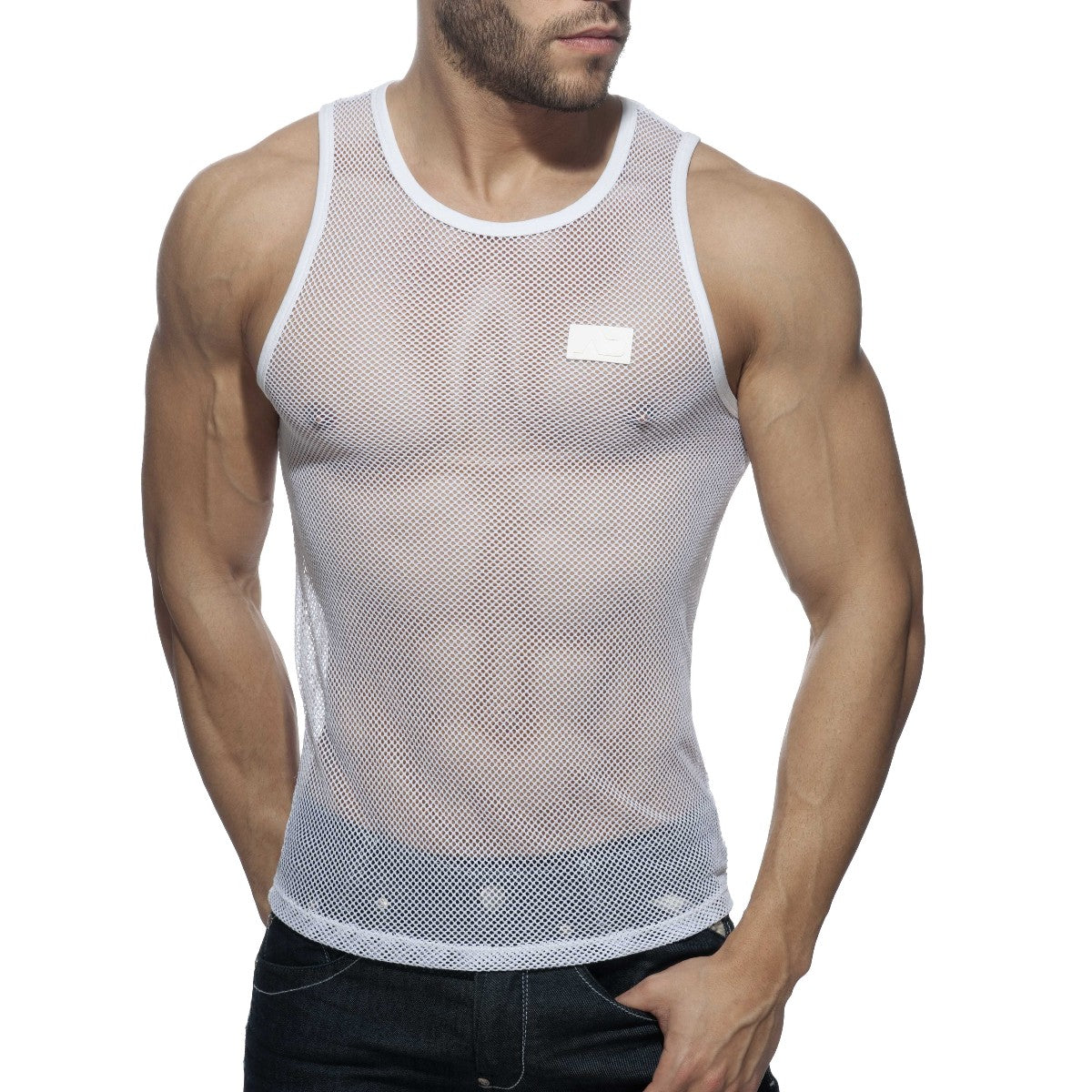 White mesh tank top addict mesh tank with a subtle rectangular label on the chest for breathable casual wear