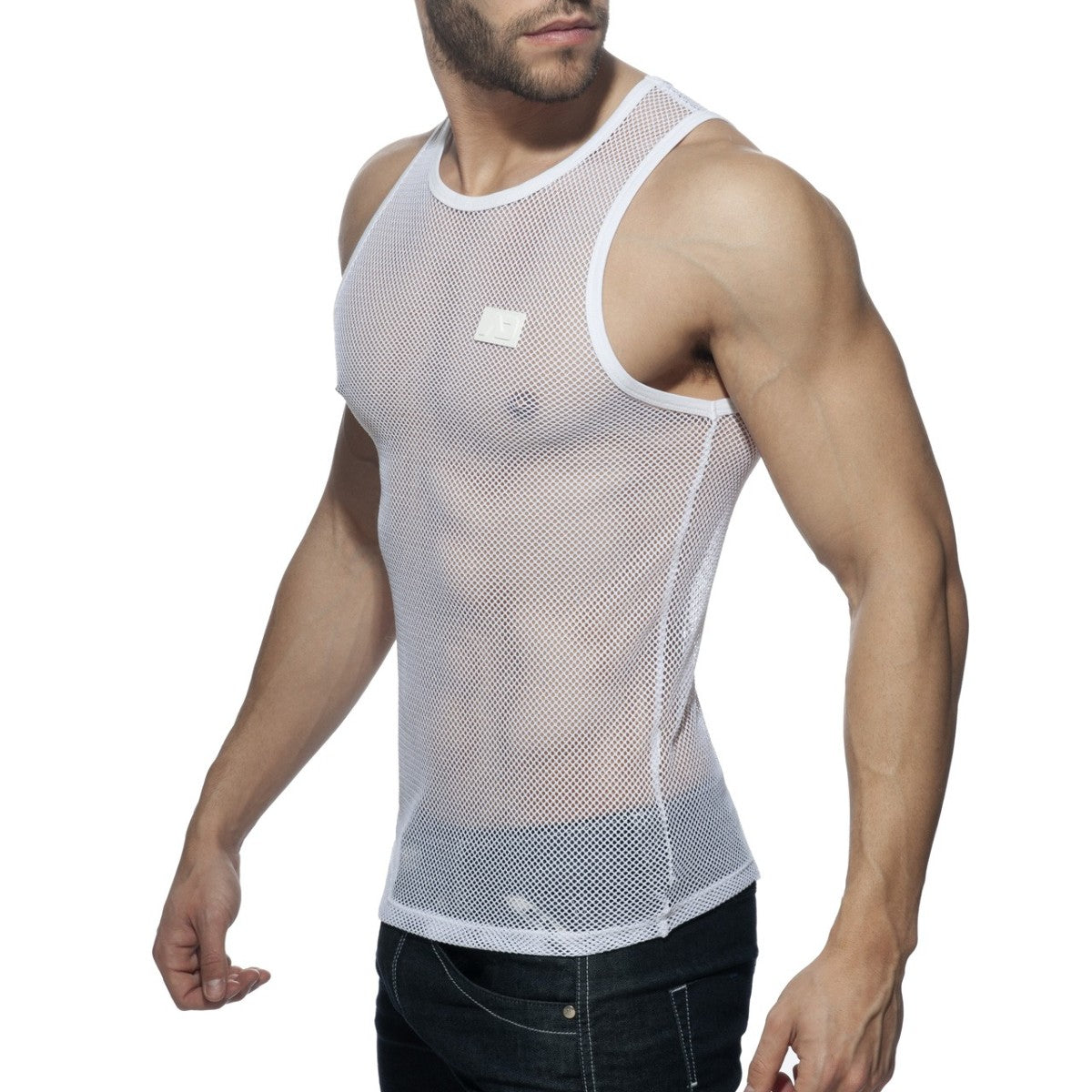 Addicted mesh tank white mesh tank top with subtle textured pattern and reinforced trim along neckline and armholes