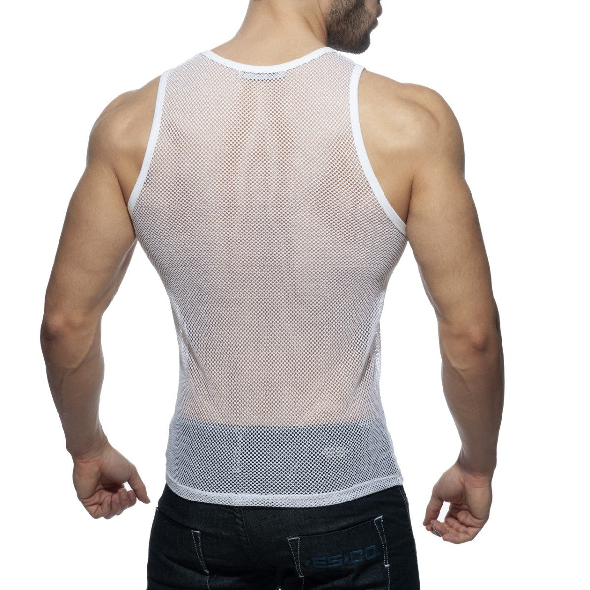 Addicted mesh tank white mesh tank top with snug fit and reinforced white trim on neckline and armholes