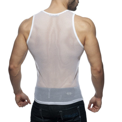 Addicted mesh tank white mesh tank top with snug fit and reinforced white trim on neckline and armholes