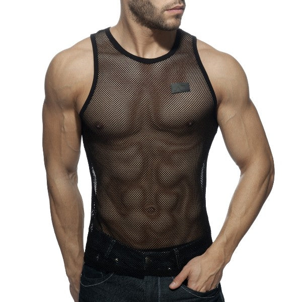 Addicted mesh tank black mesh tank top with subtle textured pattern and reinforced trim on neckline and armholes
