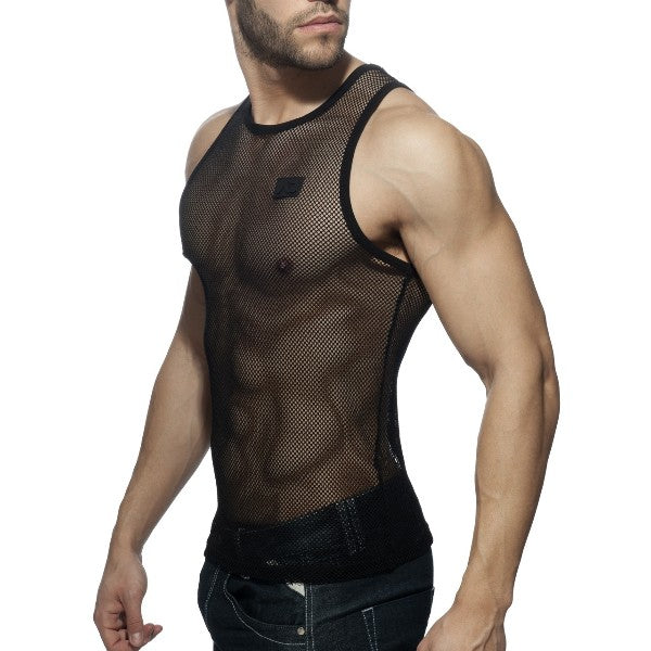 Black mesh tank top with subtle chest logo from ADDICTED mesh tank featuring breathable fabric and sleek design