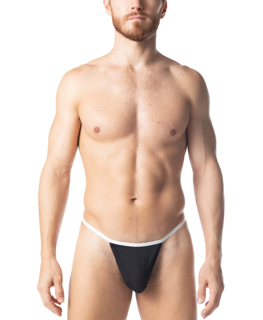 Adonis thong black thong with white waistband front view made from soft stretch fabric for comfortable wear