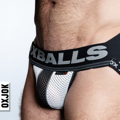 Black and white airmesh jockstrap briefs with bold oxballs logo on waistband in breathable mesh fabric