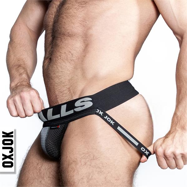 Black oxjok airmesh jockstrap with mesh panel and elastic waistband designed for breathable support
